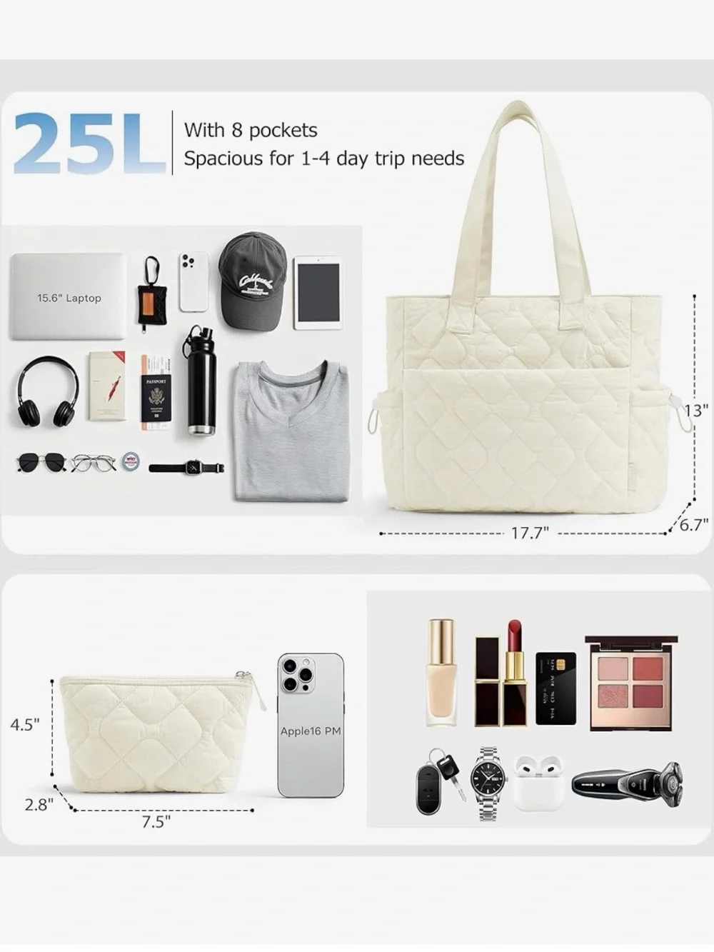Women’s Tote Bag Cream Light Quilted Puffy, Shoulder Bag for Work Travel Laptop